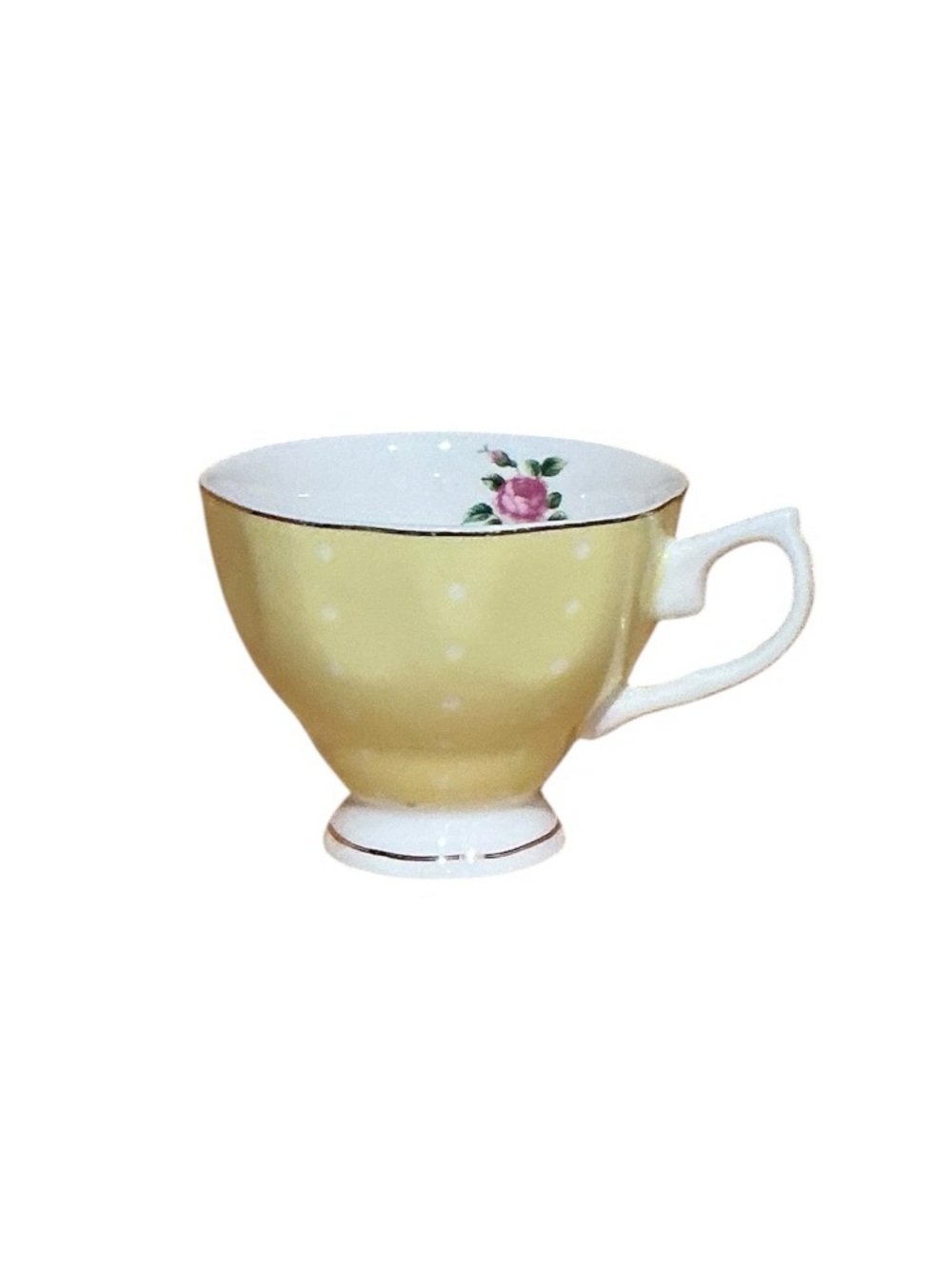 BTaT Brew To A Tea Yellow Floral Polka Dot Footed Teacup 8 Oz Rose Gold Trim